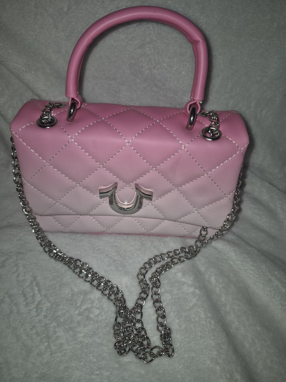 True Religion Pink Quilted Horseshoe Ombre Crossbody Chain Flap Bag Top Handle